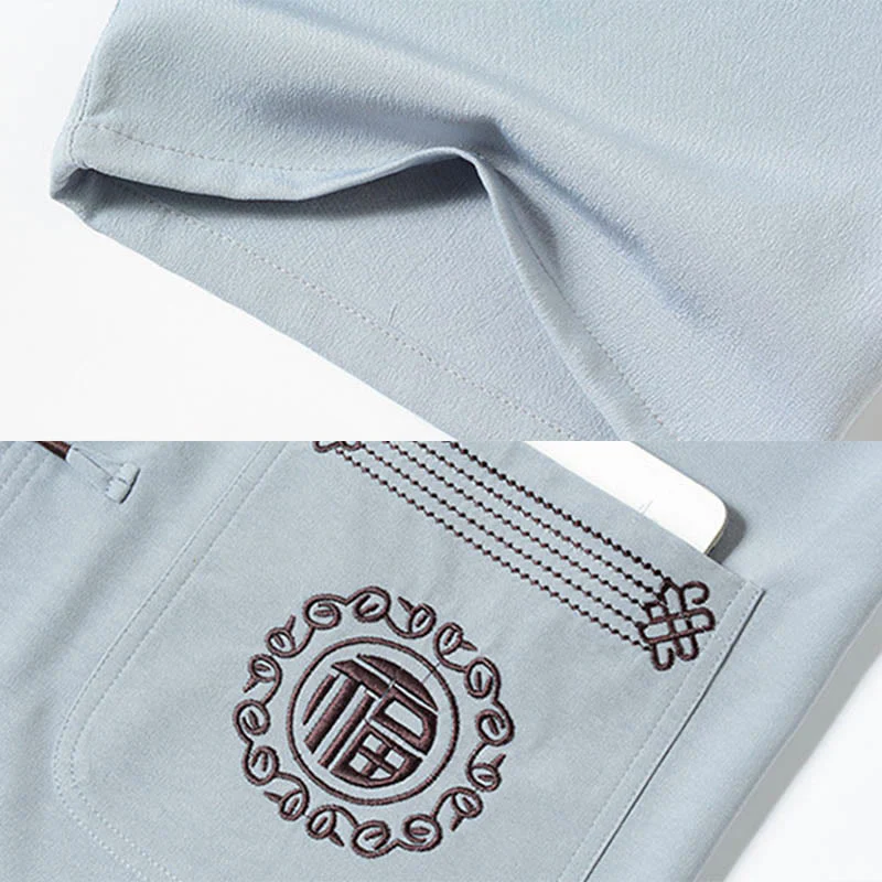 Buddha Stones Fu Character Ricamo Tang Suit Tradizionale Rana-Bottone Manica Corta Top Pantaloni Abbigliamento Uomo Set - Image 9