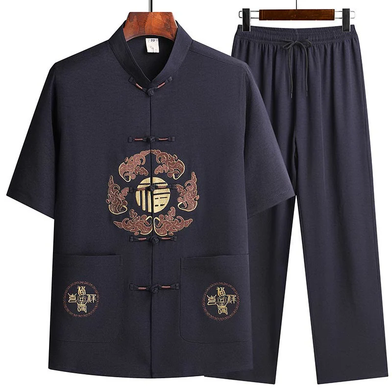 Buddha Stones Fu Character Tang Suit Hanfu Tradizionale Uniforme Manica Corta Top Pantaloni Abbigliamento Uomo Set - Image 19