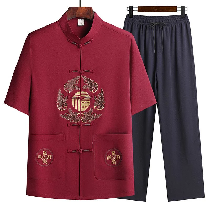 Buddha Stones Fu Character Tang Suit Hanfu Tradizionale Uniforme Manica Corta Top Pantaloni Abbigliamento Uomo Set - Image 22