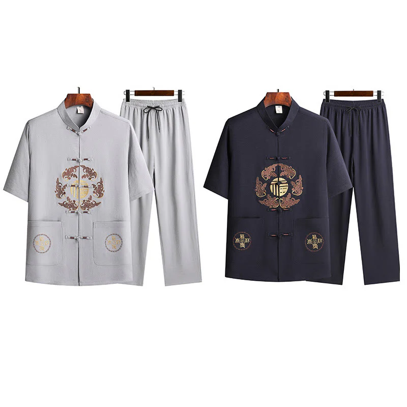 Buddha Stones Fu Character Tang Suit Hanfu Tradizionale Uniforme Manica Corta Top Pantaloni Abbigliamento Uomo Set - Image 31
