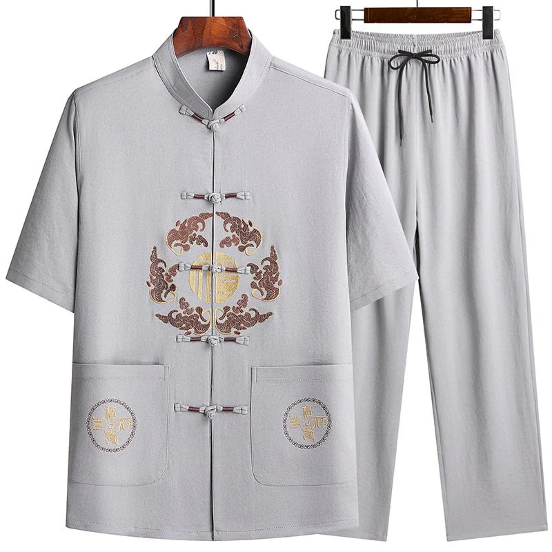 Buddha Stones Fu Character Tang Suit Hanfu Tradizionale Uniforme Manica Corta Top Pantaloni Abbigliamento Uomo Set - Image 5