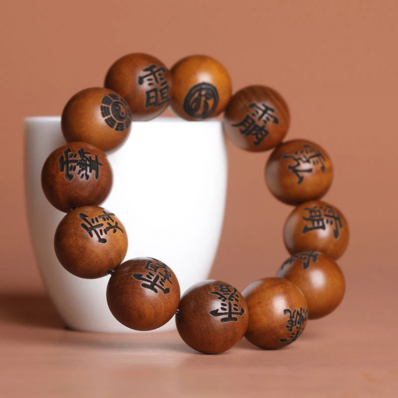 Buddha Stones Fulmine Colpito Legno di Giuggiola Yin Yang Bagua Caratteri Tabù Taoisti Braccialetto di Protezione Inciso - Image 9