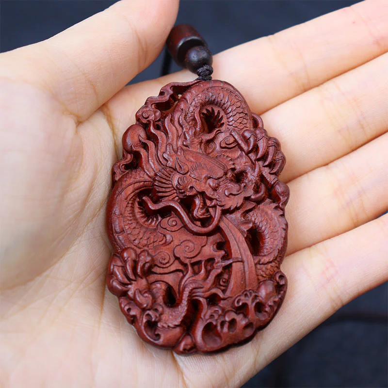Buddha Stones Fulmine Legno di Giuggiola Doppio Drago in Rilievo Allontanare gli Spiriti Maligni Collana Pendente - Image 10