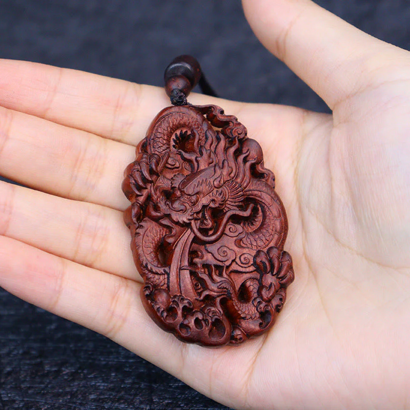 Buddha Stones Fulmine Legno di Giuggiola Doppio Drago in Rilievo Allontanare gli Spiriti Maligni Collana Pendente - Image 11