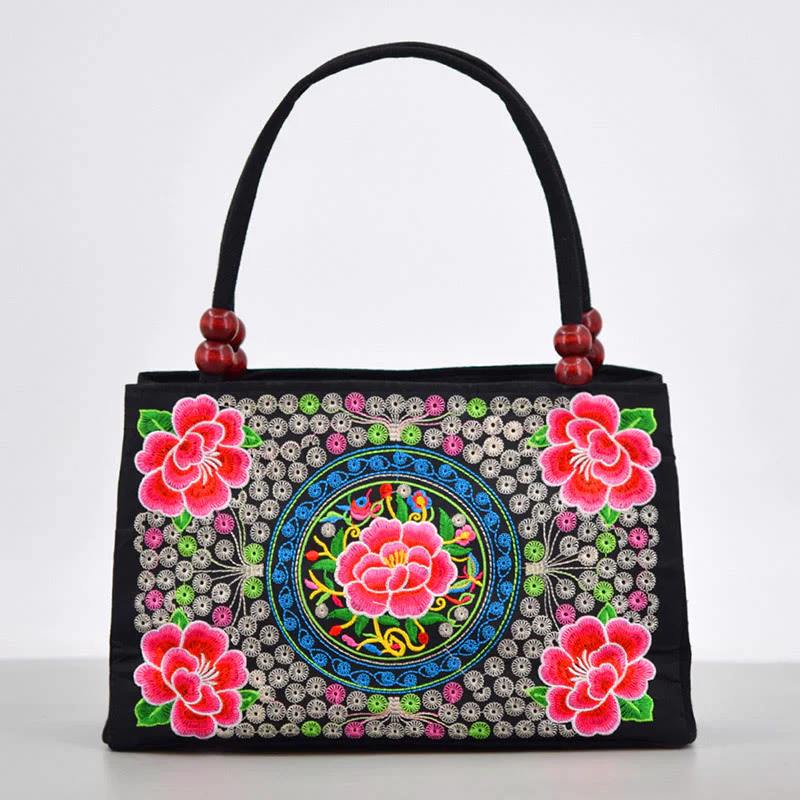 Buddha Stones Galsang Inula Fiore Peonia Pavone Ricamo Fronte-Retro Tela Borsa per la Spesa Borsa a Mano - Image 16