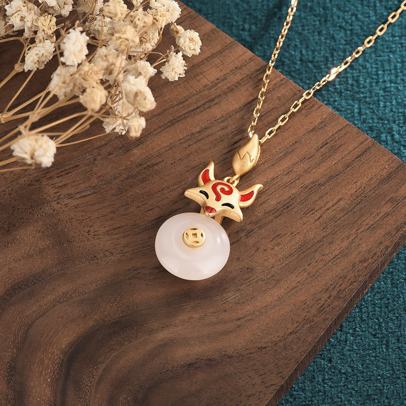 Buddha Stones Giada Bianca Volpe Moneta di Rame Protezione Fortuna Collana Pendente - Image 3