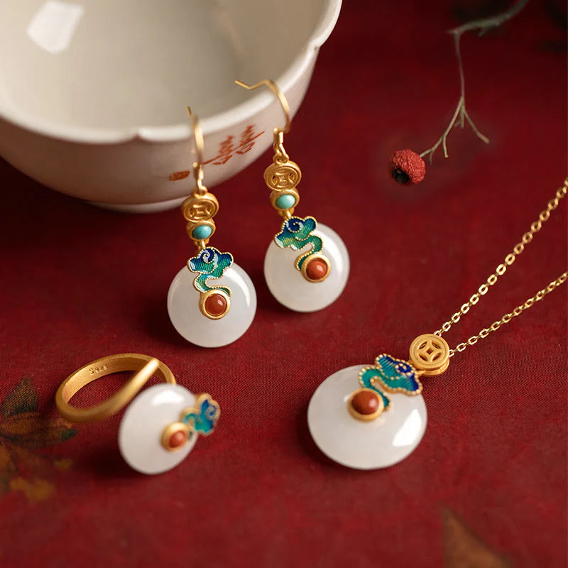 Buddha Stones Giada Monete di rame Nuvole di buon auspicio Prosperità Collana Ciondolo Bracciale Anello Orecchini