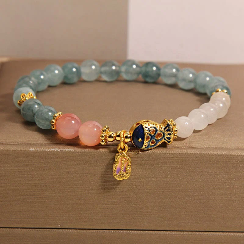 Buddha Stones Giada Yanyuan Agata Giada bianca Pesce Koi Scrittura Ciondolo Braccialetto della fortuna