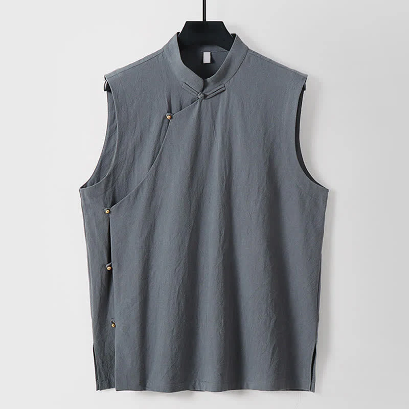 Buddha Stones Gilet estivo da uomo in cotone e lino senza maniche, tinta unita, con colletto alla coreana e bottoni a rana. - Image 11