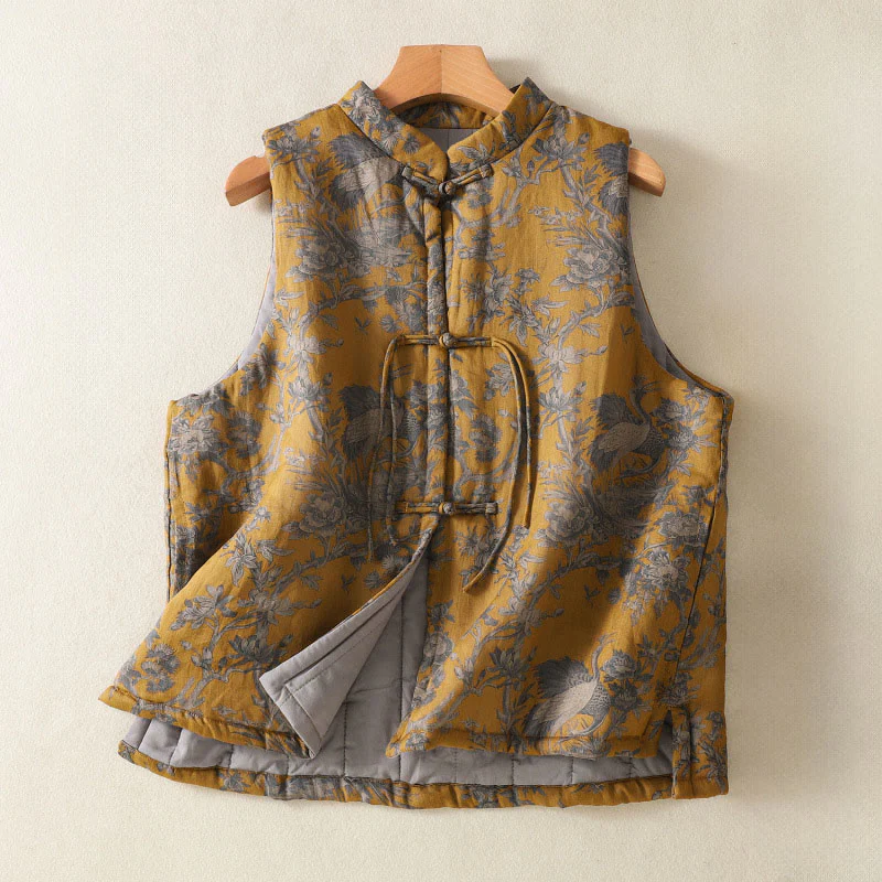 Buddha Stones Gilet senza maniche da donna in cotone con motivo a bottoni e rami di gru e fiori