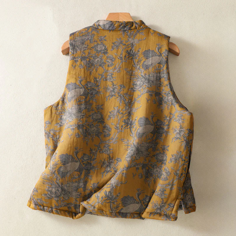 Buddha Stones Gilet senza maniche da donna in cotone con motivo a bottoni e rami di gru e fiori - Image 2