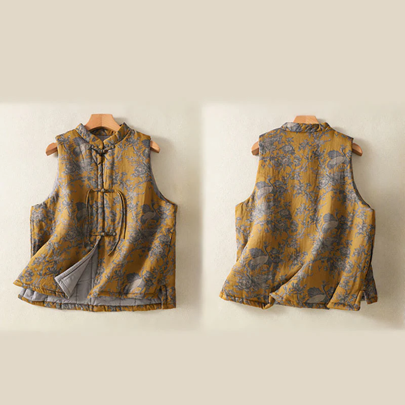 Buddha Stones Gilet senza maniche da donna in cotone con motivo a bottoni e rami di gru e fiori - Image 4