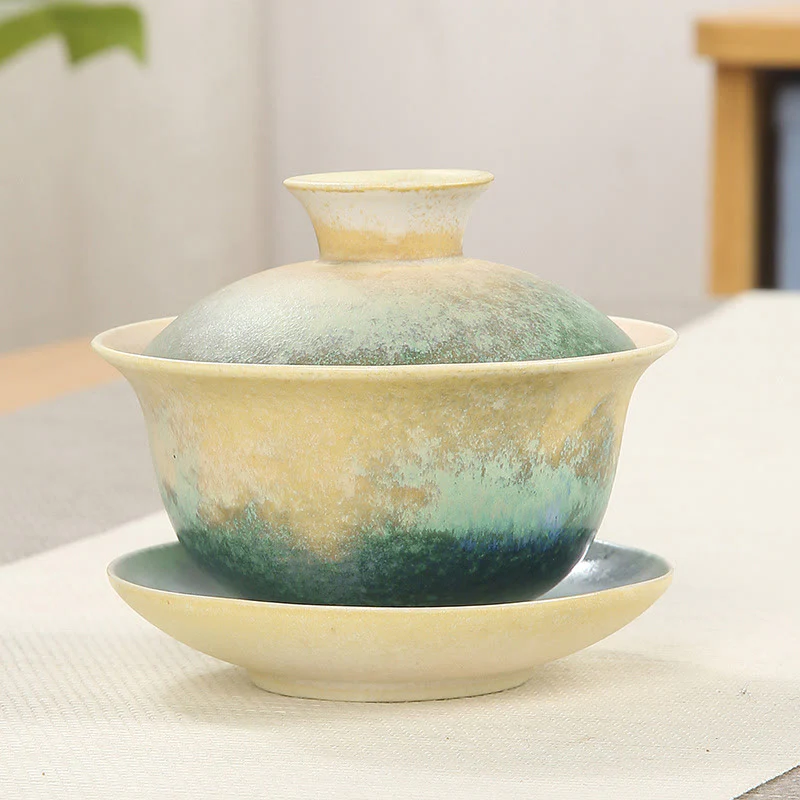 Buddha Stones Green Ocean Waves Design Porcellana Ceramica Gaiwan Sancai Tazza da tè Kung Fu Tazza da tè e piattino con coperchio