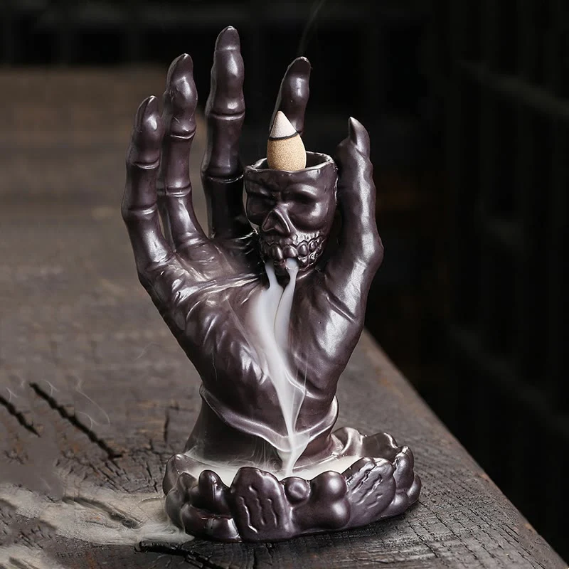 Buddha Stones Halloween Fantasma Mano Teschio Testa Ceramica Pace Guarigione Bruciatore di Incenso Decorazione - Image 2