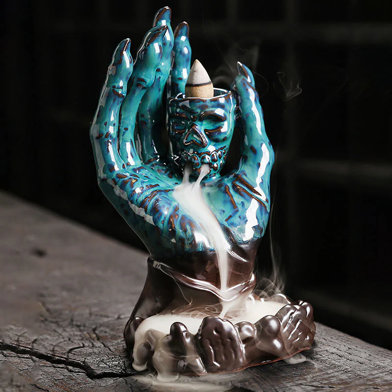 Buddha Stones Halloween Fantasma Mano Teschio Testa Ceramica Pace Guarigione Bruciatore di Incenso Decorazione - Image 8