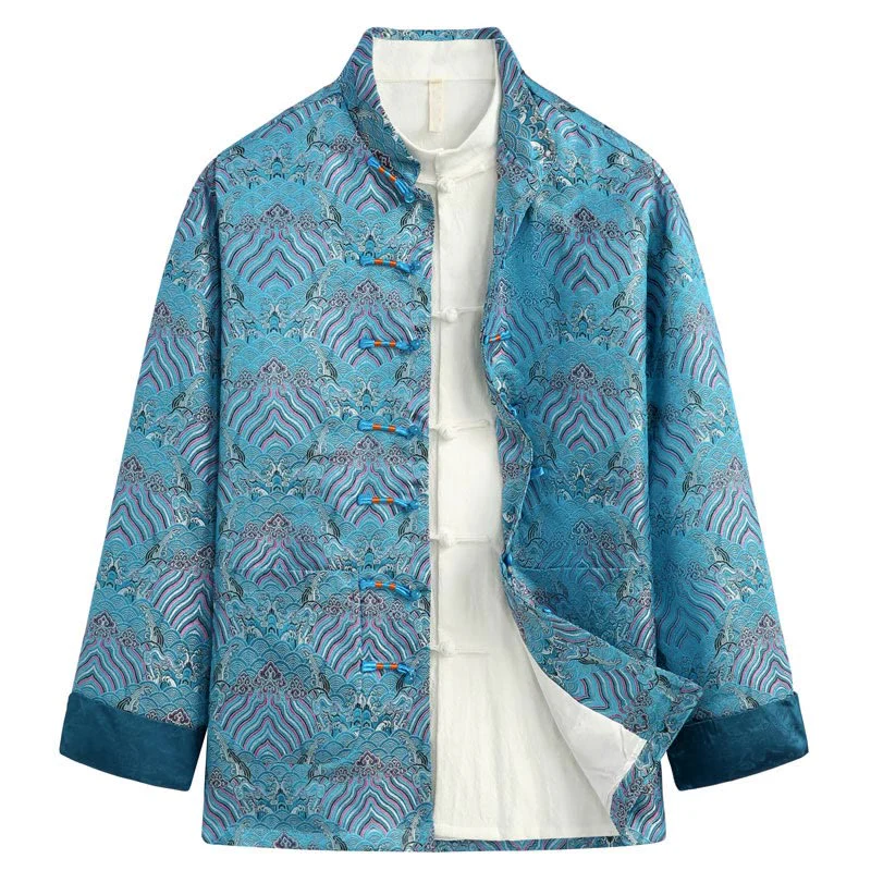 Buddha Stones in damasco jacquard con bottoni a forma di rana, motivo acqua di mare, camicia con tasche, abito da uomo - Image 5