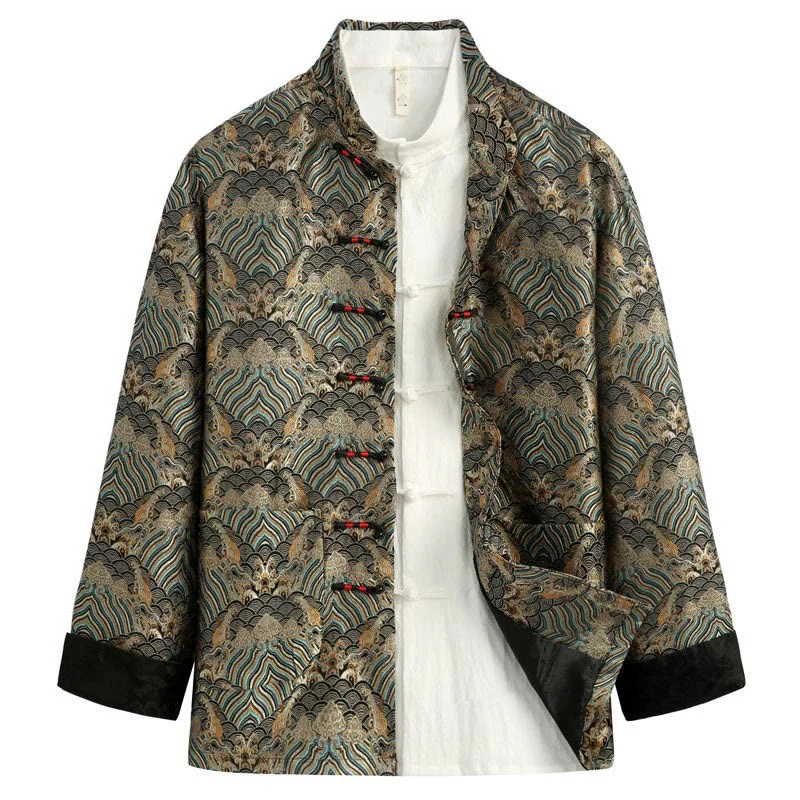 Buddha Stones in damasco jacquard con bottoni a forma di rana, motivo acqua di mare, camicia con tasche, abito da uomo - Image 7