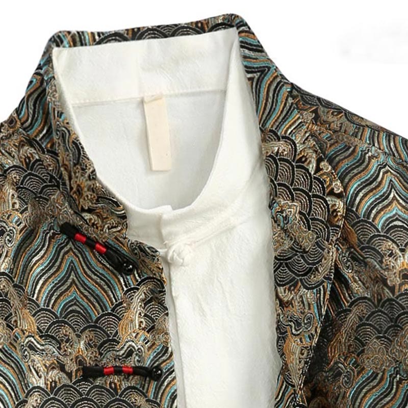 Buddha Stones in damasco jacquard con bottoni a forma di rana, motivo acqua di mare, camicia con tasche, abito da uomo - Image 9