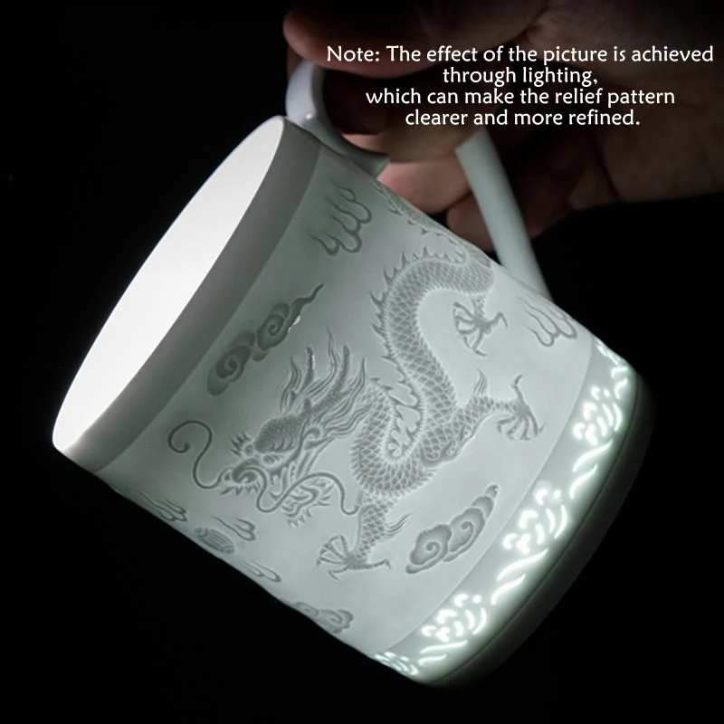 Buddha Stones Jingdezhen Linglong Porcellana Drago di Buon Auspicio Barca Fenice Navigazione Liscia Tazza da Tè in Ceramica Tazze da Tè da Ufficio 420ml - Image 2