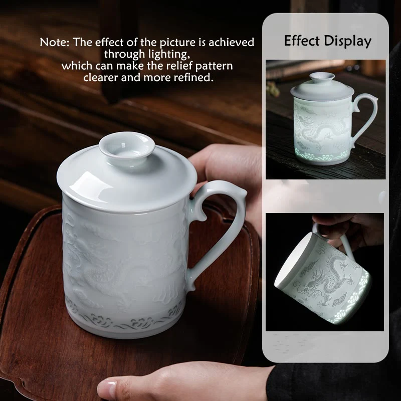 Buddha Stones Jingdezhen Linglong Porcellana Drago di Buon Auspicio Barca Fenice Navigazione Liscia Tazza da Tè in Ceramica Tazze da Tè da Ufficio 420ml - Image 4