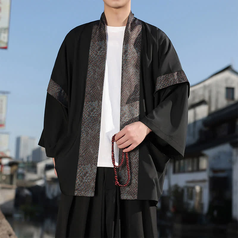 Buddha Stones Kimono da uomo estivo casual con colletto a risvolto in stile zen e maniche a tre quarti. - Image 3