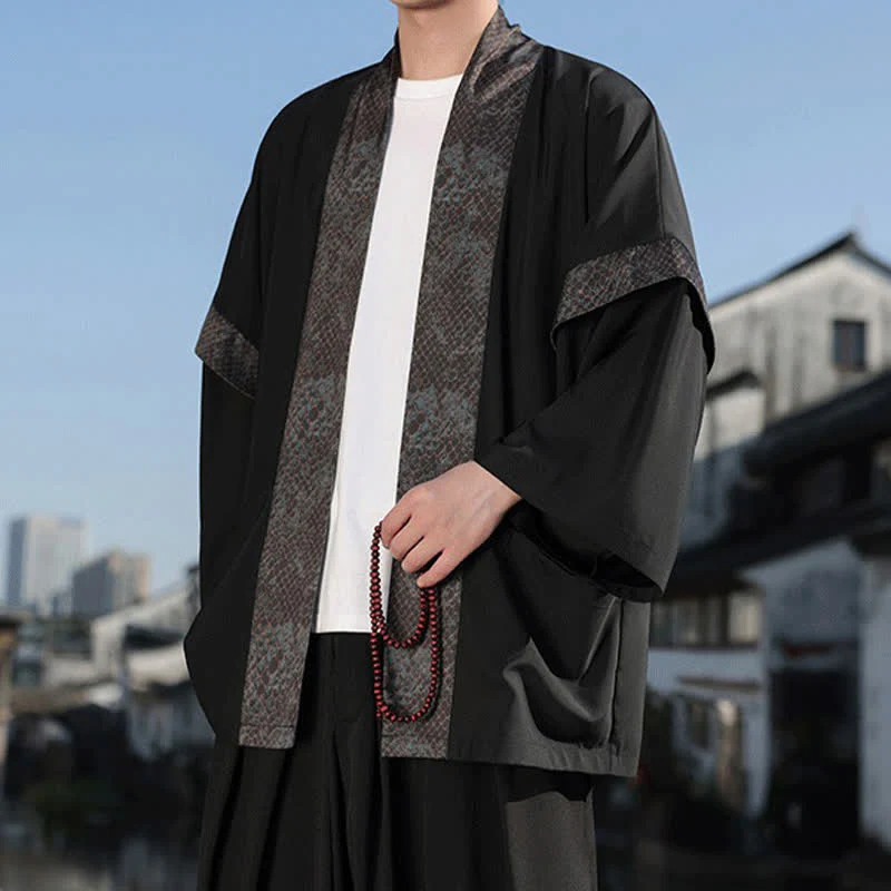Buddha Stones Kimono da uomo estivo casual con colletto a risvolto in stile zen e maniche a tre quarti. - Image 7