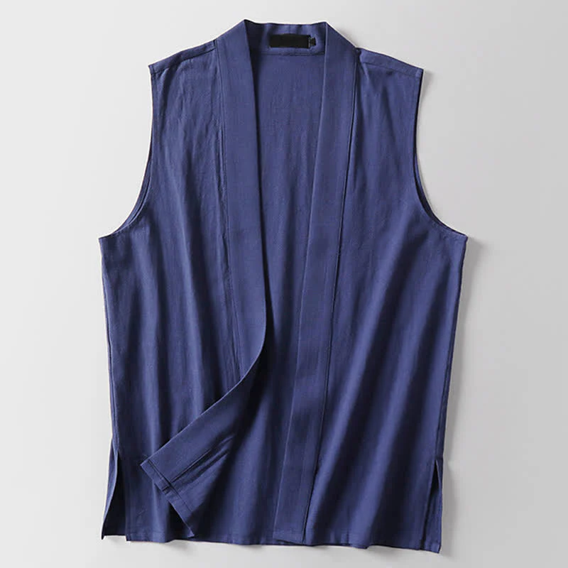 Buddha Stones Kimono da uomo senza maniche in cotone e lino, tinta unita, con apertura frontale, ideale per la primavera. - Image 17