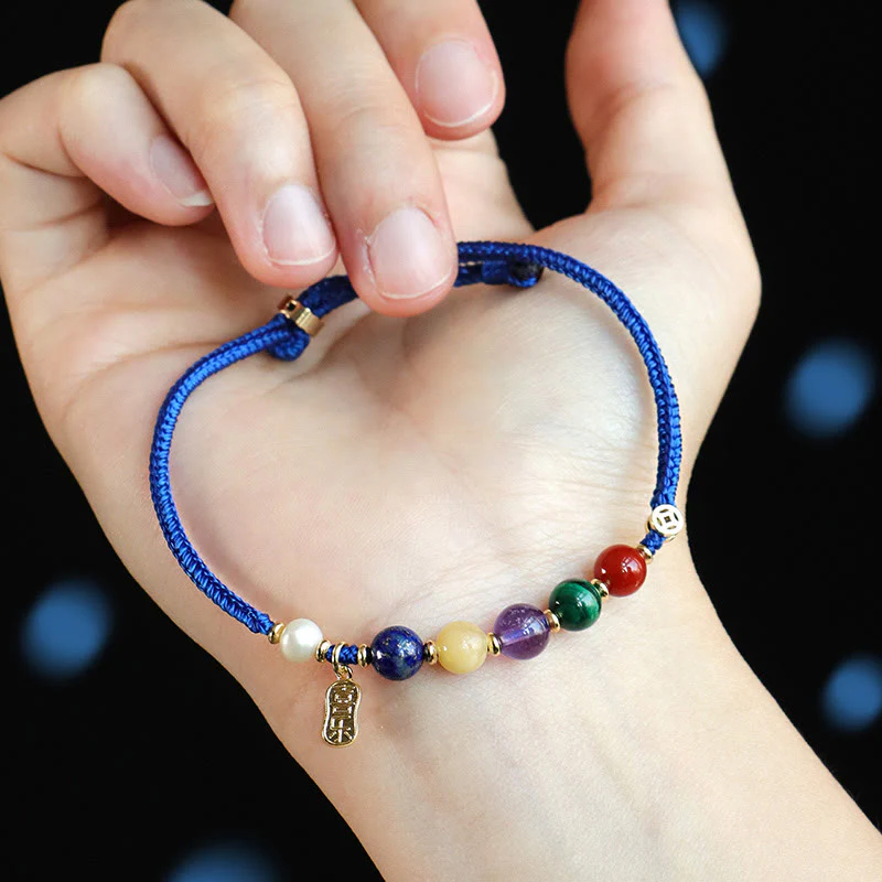 Braccialetto Buddha Stones Klein Blue String, Agata rossa del sud, Granato, Avventurina blu, Lazurite, Lapislazzuli, Farfalla in rame, Carattere positivo Fu - Image 11