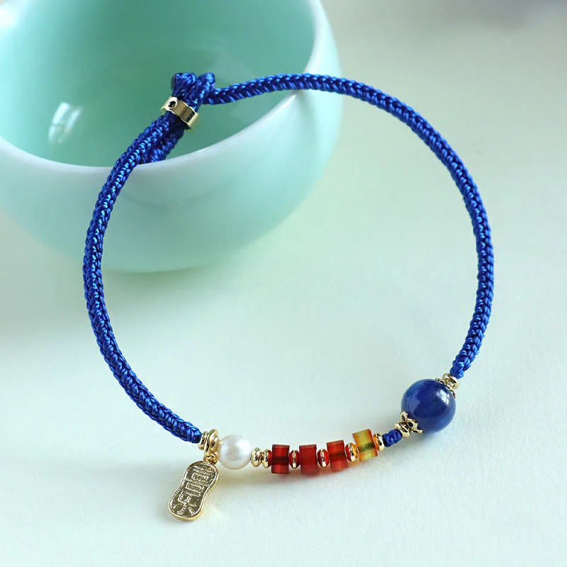 Braccialetto Buddha Stones Klein Blue String, Agata rossa del sud, Granato, Avventurina blu, Lazurite, Lapislazzuli, Farfalla in rame, Carattere positivo Fu - Image 14