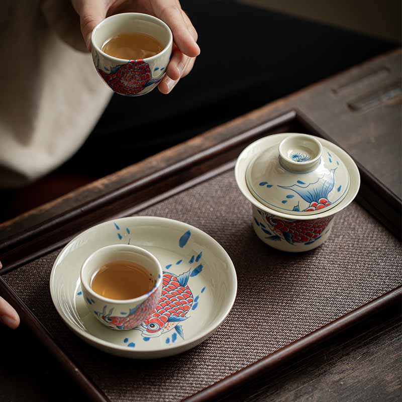 Buddha Stones Koi Fish Arowana Ceramica Gaiwan Sancai Tazza da tè Kung Fu Tazza da tè con coperchio 130ml - Image 12