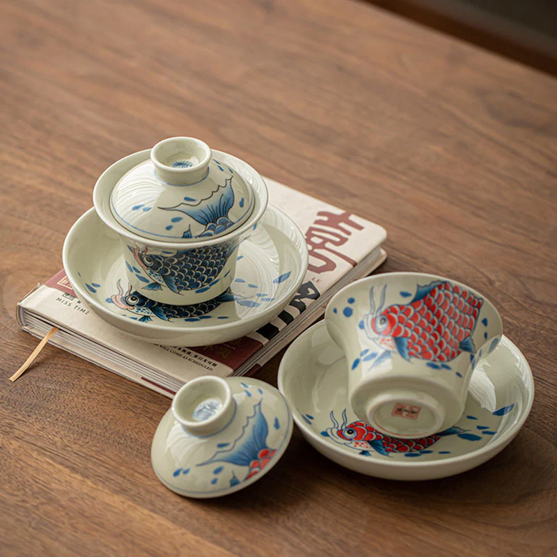 Buddha Stones Koi Fish Arowana Ceramica Gaiwan Sancai Tazza da tè Kung Fu Tazza da tè con coperchio 130ml - Image 2