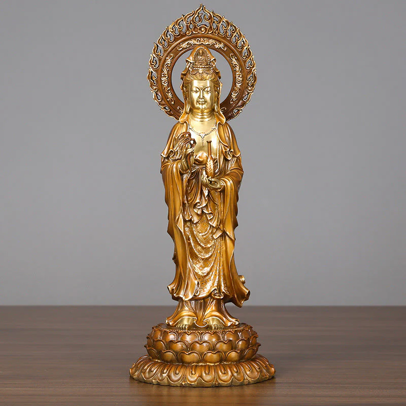 Buddha Stones Kwan Yin Avalokitesvara Loto Aura Successo Ottone Rame Statua Decorazione per la casa