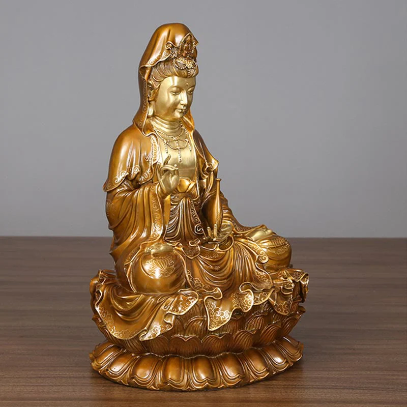 Buddha Stones Kwan Yin Avalokitesvara Loto Seduto Armonia Ottone Rame Statua Decorazione Altare Domestico - Image 11