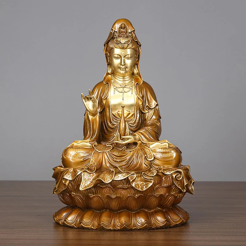 Buddha Stones Kwan Yin Avalokitesvara Loto Seduto Armonia Ottone Rame Statua Decorazione Altare Domestico - Image 13