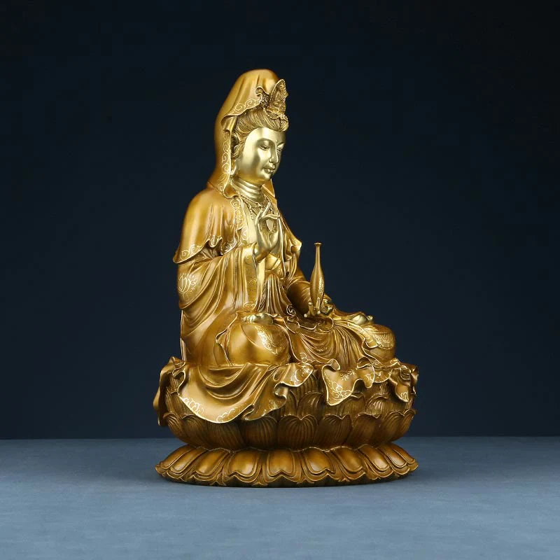 Buddha Stones Kwan Yin Avalokitesvara Loto Seduto Armonia Ottone Rame Statua Decorazione Altare Domestico - Image 14