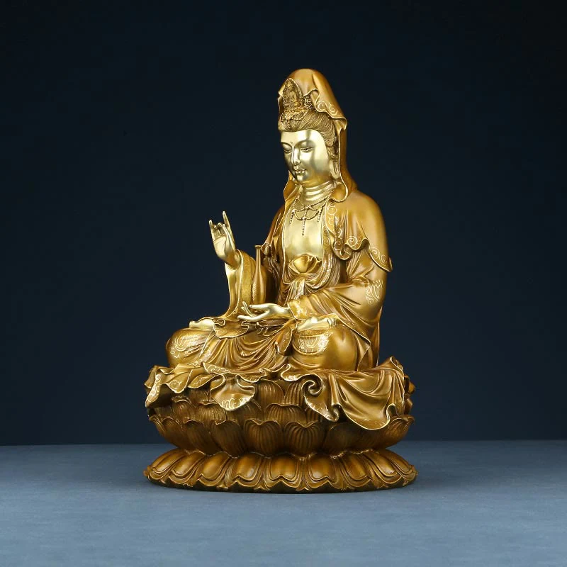 Buddha Stones Kwan Yin Avalokitesvara Loto Seduto Armonia Ottone Rame Statua Decorazione Altare Domestico - Image 15