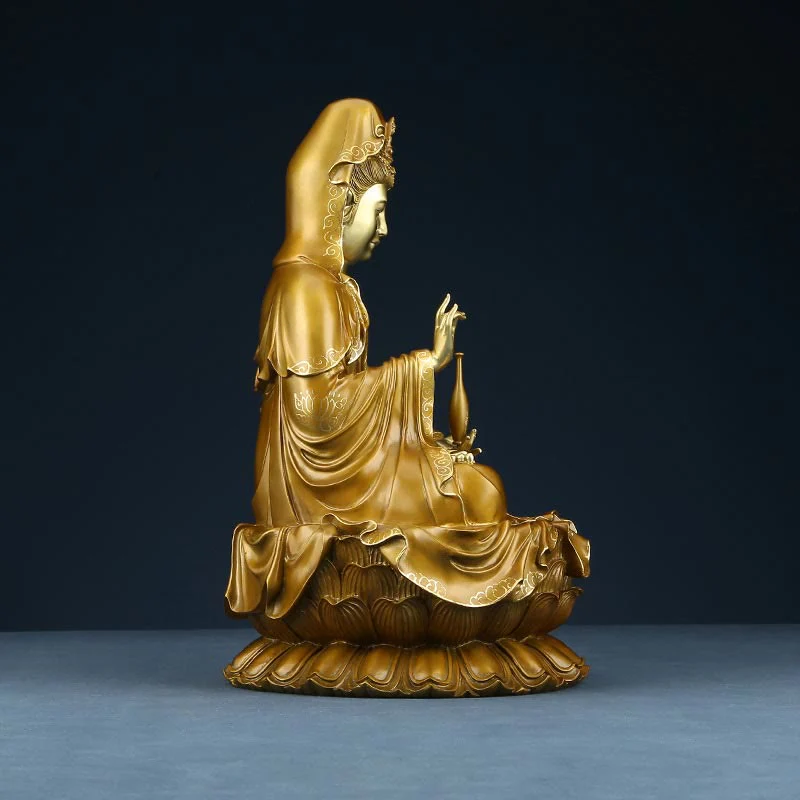 Buddha Stones Kwan Yin Avalokitesvara Loto Seduto Armonia Ottone Rame Statua Decorazione Altare Domestico - Image 16