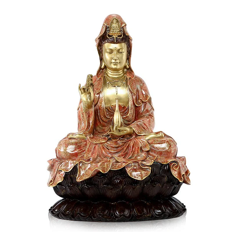 Buddha Stones Kwan Yin Avalokitesvara Loto Seduto Armonia Ottone Rame Statua Decorazione Altare Domestico - Image 18