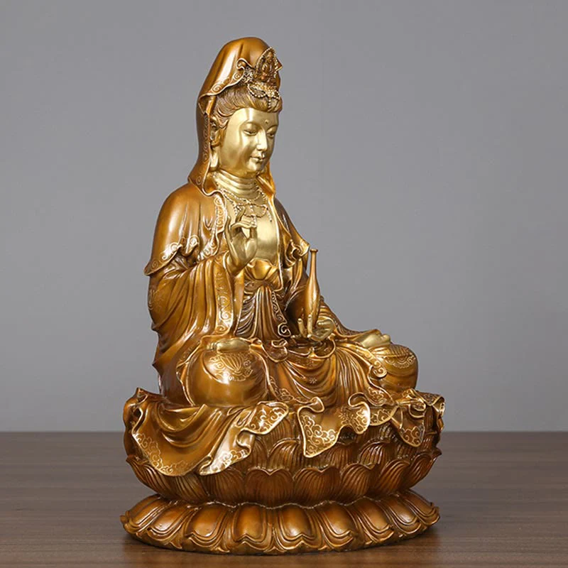 Buddha Stones Kwan Yin Avalokitesvara Loto Seduto Armonia Ottone Rame Statua Decorazione Altare Domestico - Image 2