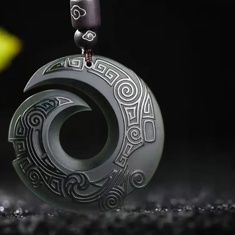 Buddha Stones La fortuna di una persona migliora il design del modello Hetian Ciano Giada Fibbia della pace Collana con ciondolo della fortuna - Image 4