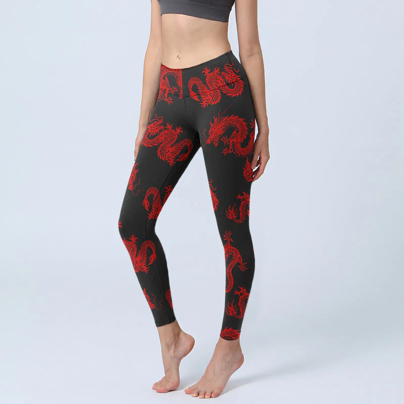 Buddha Stones Leggings da palestra con motivo drago rosso, pantaloni da yoga da donna
