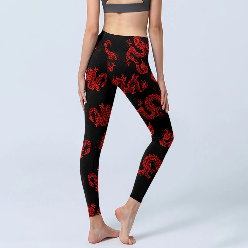Buddha Stones Leggings da palestra con motivo drago rosso, pantaloni da yoga da donna - Image 5