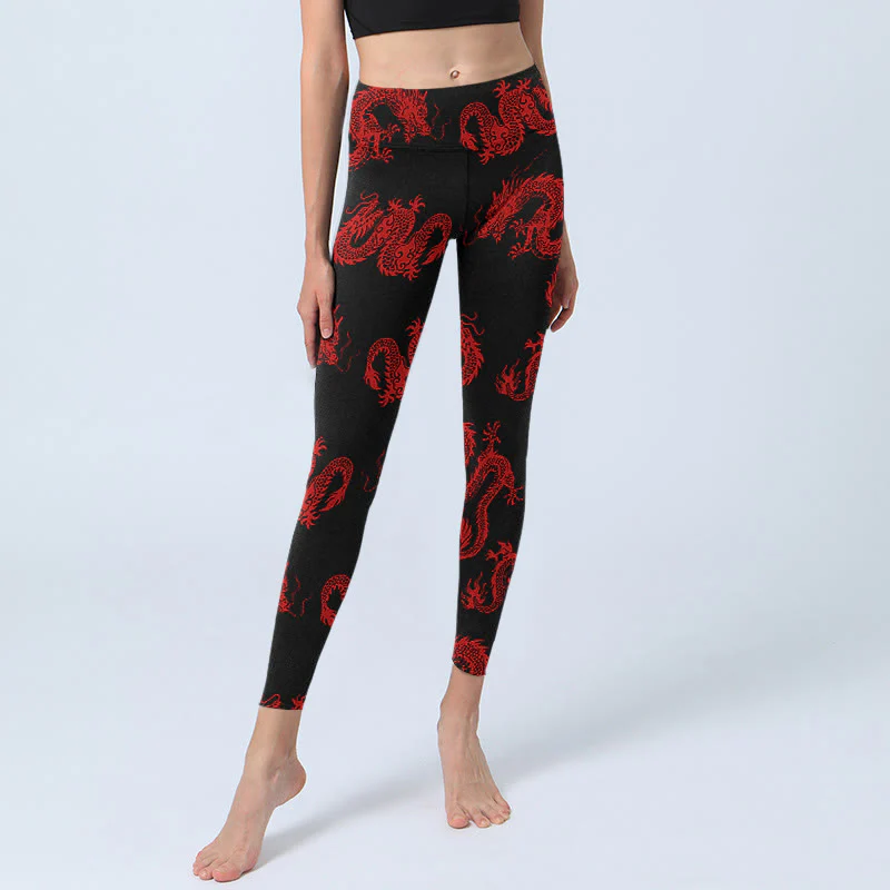 Buddha Stones Leggings da palestra con motivo drago rosso, pantaloni da yoga da donna - Image 6
