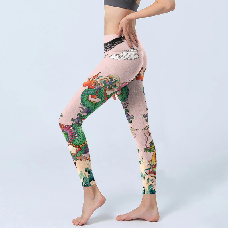 Buddha Stones Leggings da palestra con motivo Dragon Rose Eagle Waves, nuvole di buon auspicio, pantaloni da yoga da donna - Image 3