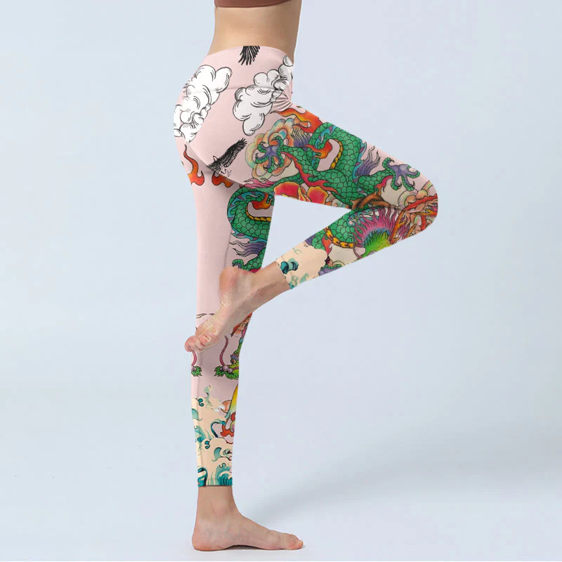 Buddha Stones Leggings da palestra con motivo Dragon Rose Eagle Waves, nuvole di buon auspicio, pantaloni da yoga da donna - Image 4