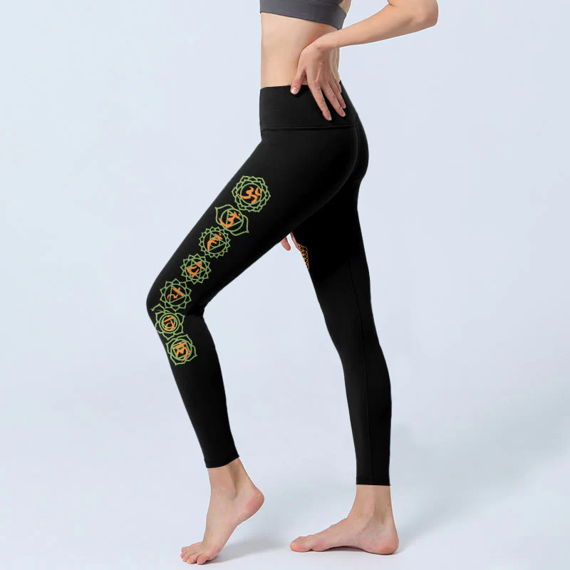 Buddha Stones Leggings da palestra con motivo Hamsa, fiore della vita, solidi platonici e chakra, pantaloni da yoga da donna - Image 3