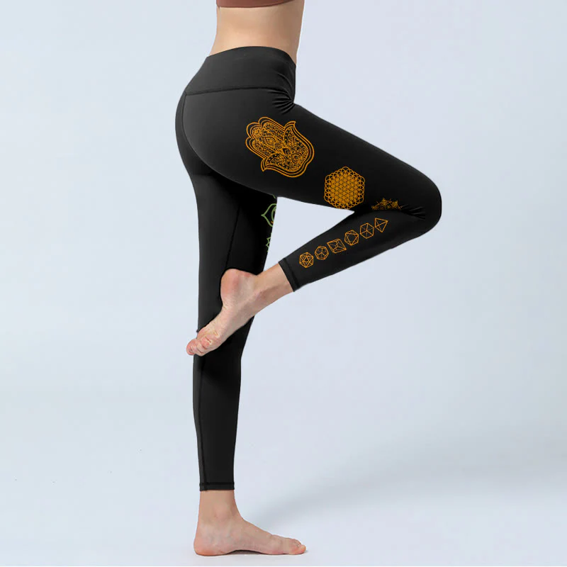 Buddha Stones Leggings da palestra con motivo Hamsa, fiore della vita, solidi platonici e chakra, pantaloni da yoga da donna - Image 4
