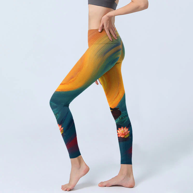 Buddha Stones Leggings da palestra con stampa di fiori di loto e figura meditativa, pantaloni da yoga da donna - Image 3