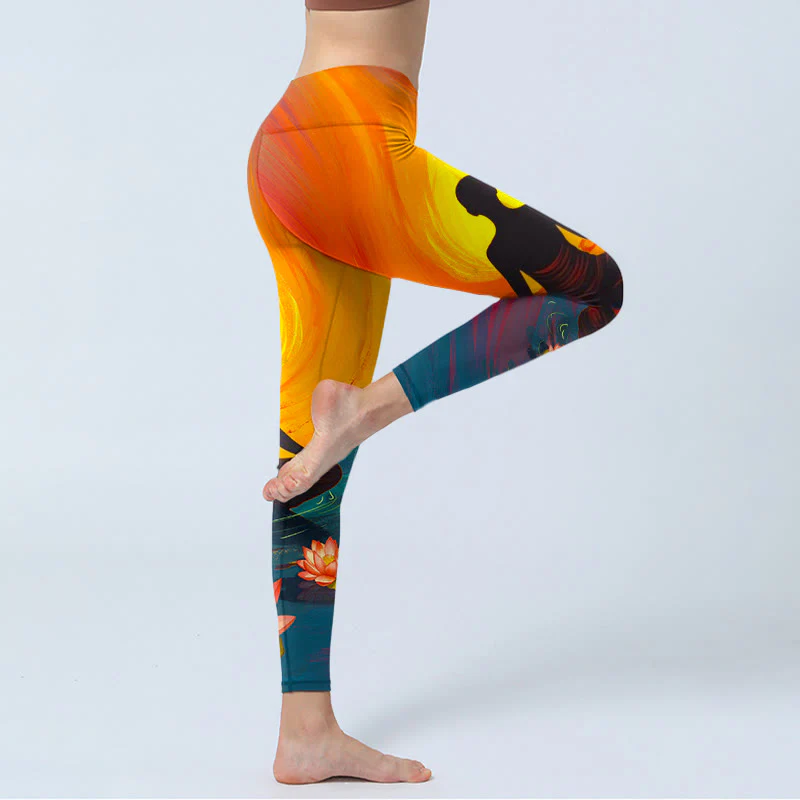 Buddha Stones Leggings da palestra con stampa di fiori di loto e figura meditativa, pantaloni da yoga da donna - Image 4