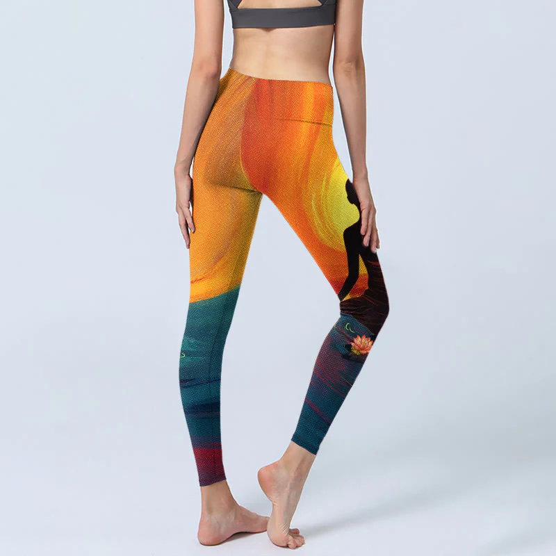 Buddha Stones Leggings da palestra con stampa di fiori di loto e figura meditativa, pantaloni da yoga da donna - Image 5
